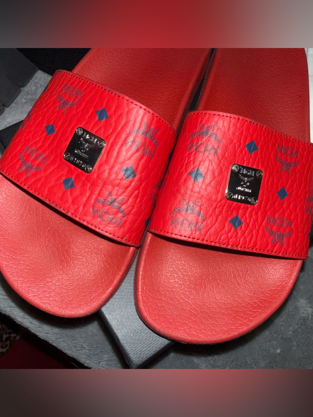 MCM Candy Red Logo Slide Sandals - Picture 2 of 5